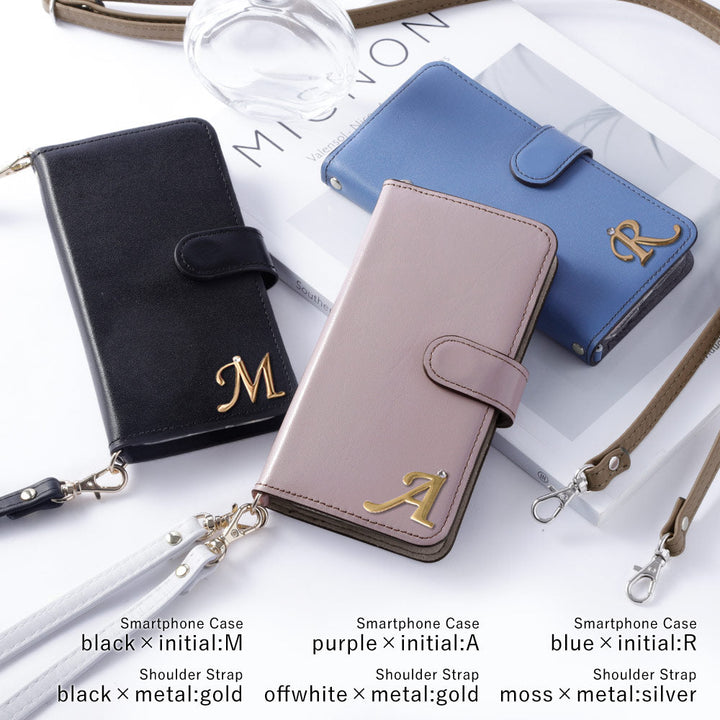 Étui portefeuille en cuir véritable Domani lisse avec bandoulière, décoration initiale, fonction support (avec ceinture) pour la série iPhone