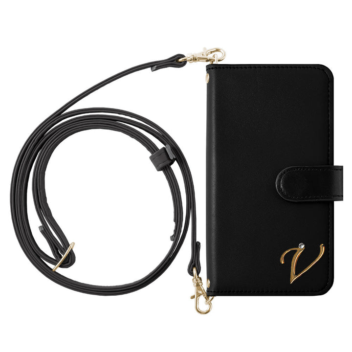 Étui portefeuille en cuir véritable Domani lisse avec bandoulière, décoration initiale, fonction support (avec ceinture) pour la série iPhone