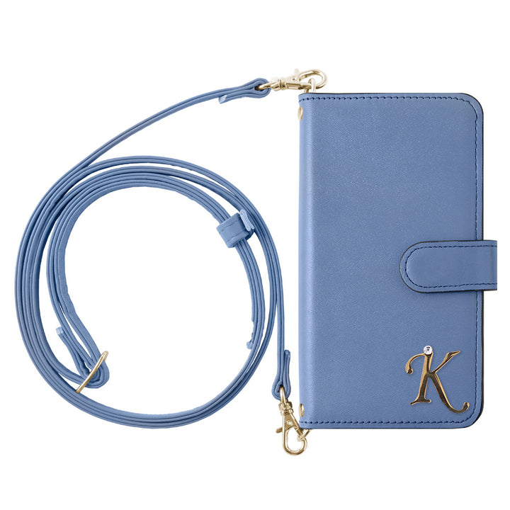 Étui portefeuille en cuir véritable Domani lisse avec sangle d'épaule, décoration initiale, fonction support (avec ceinture)