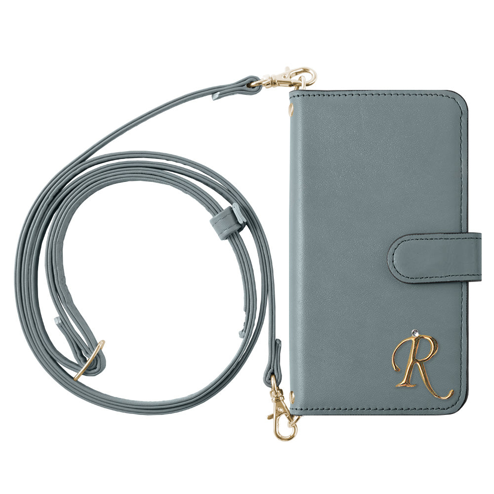 Étui portefeuille en cuir véritable Domani lisse avec sangle d'épaule, décoration initiale, fonction support (avec ceinture)