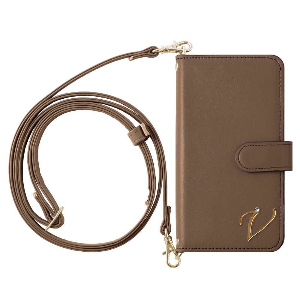 Étui portefeuille en cuir véritable Domani lisse avec bandoulière, décoration initiale, fonction support (avec ceinture) pour la série iPhone