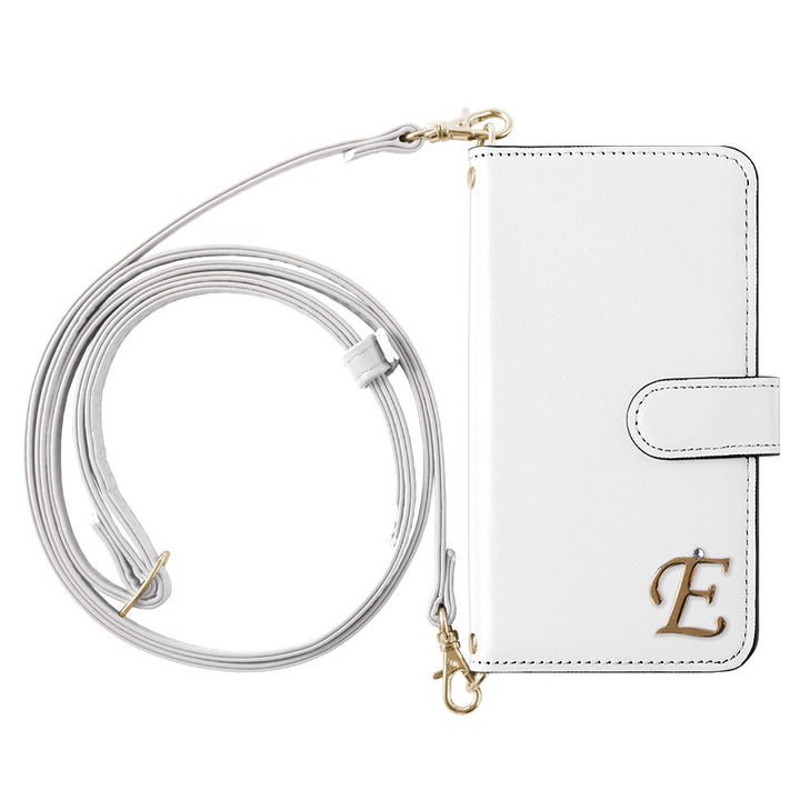 Étui portefeuille en cuir véritable Domani lisse avec bandoulière, décoration initiale, fonction support (avec ceinture) pour la série iPhone