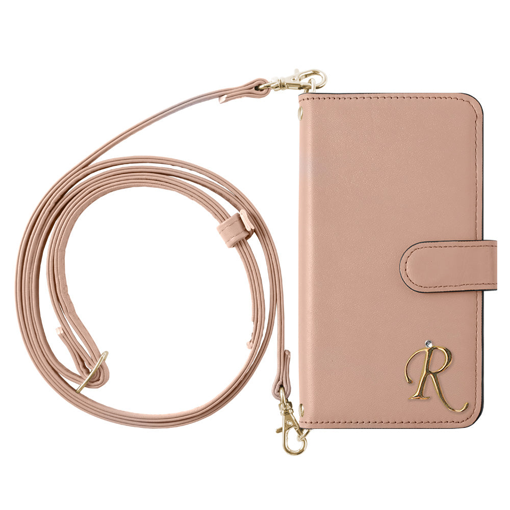 Étui portefeuille en cuir véritable Domani lisse avec sangle d'épaule, décoration initiale, fonction support (avec ceinture)