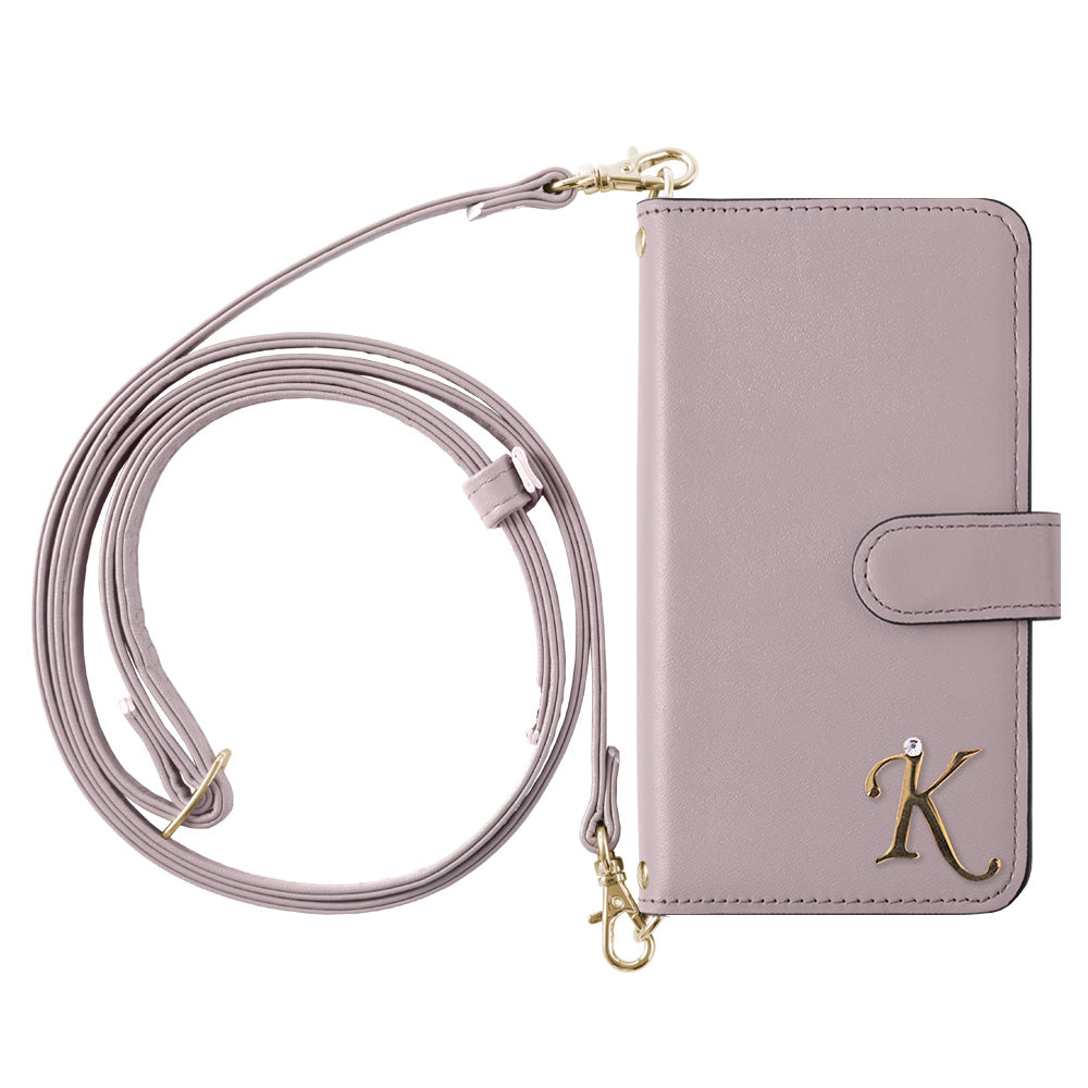 Étui portefeuille en cuir véritable Domani lisse avec sangle d'épaule, décoration initiale, fonction support (avec ceinture)