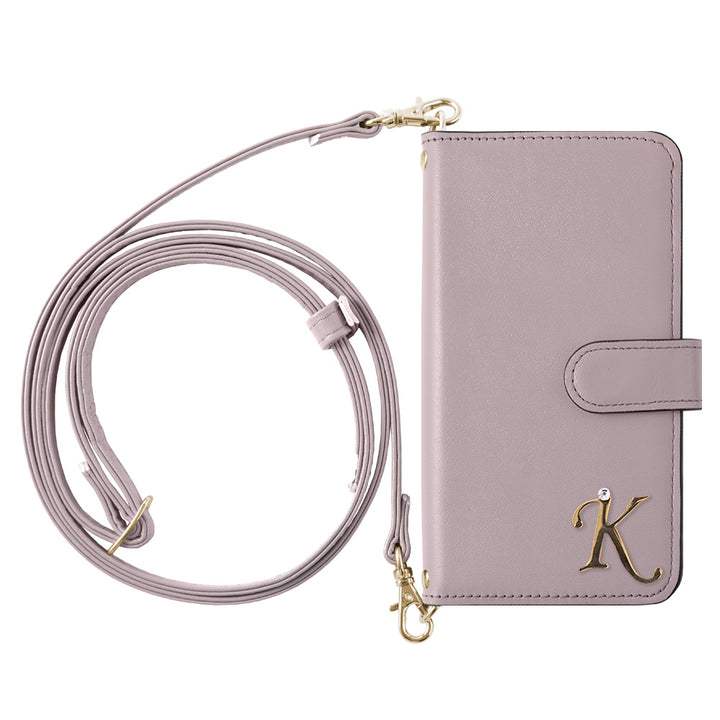 Étui portefeuille en cuir véritable Domani lisse avec sangle d'épaule, décoration initiale, fonction support (avec ceinture)