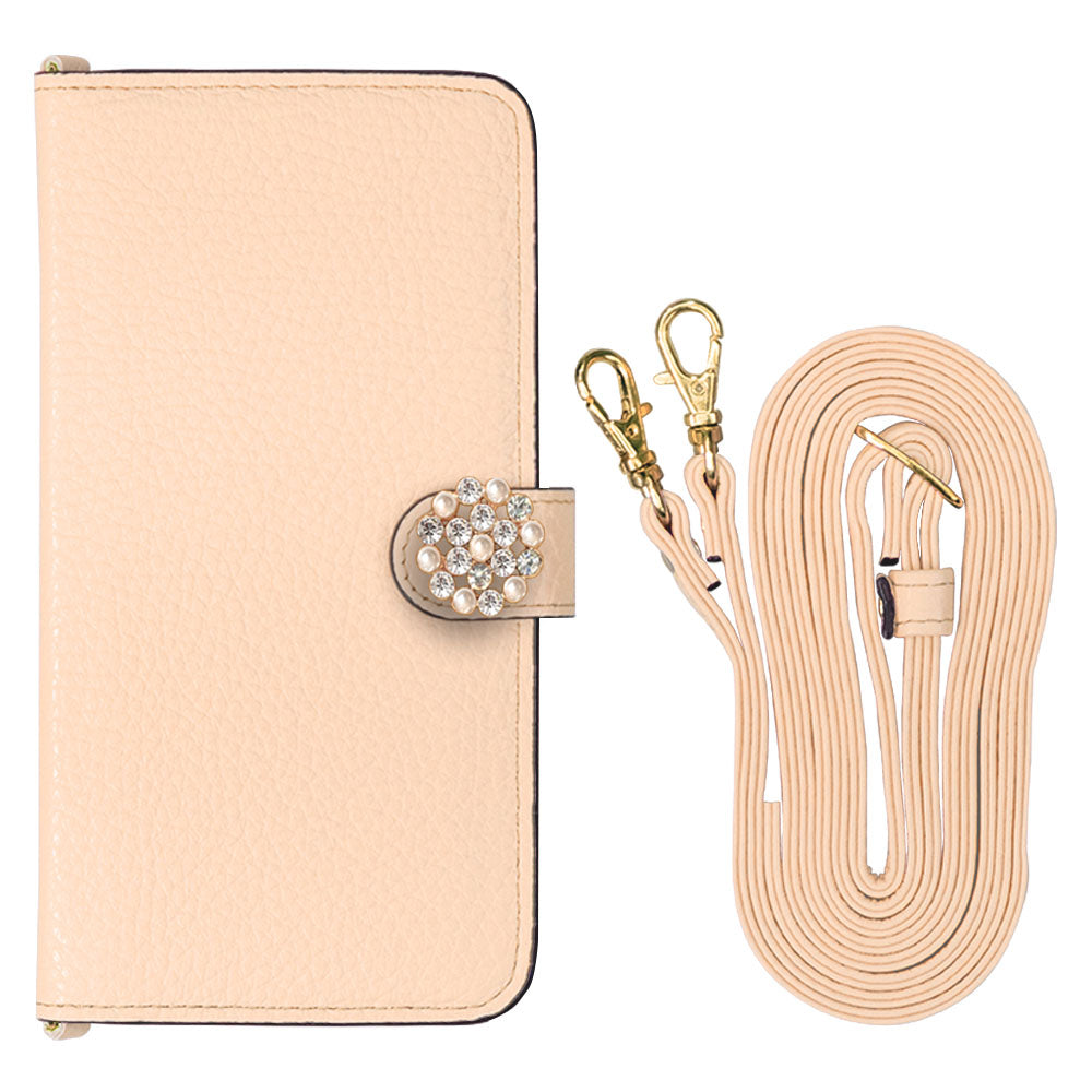 Cuir véritable 32 couleurs cuir italien grainé avec bandoulière décoration perle cristal étui portefeuille (avec ceinture) série Xperia