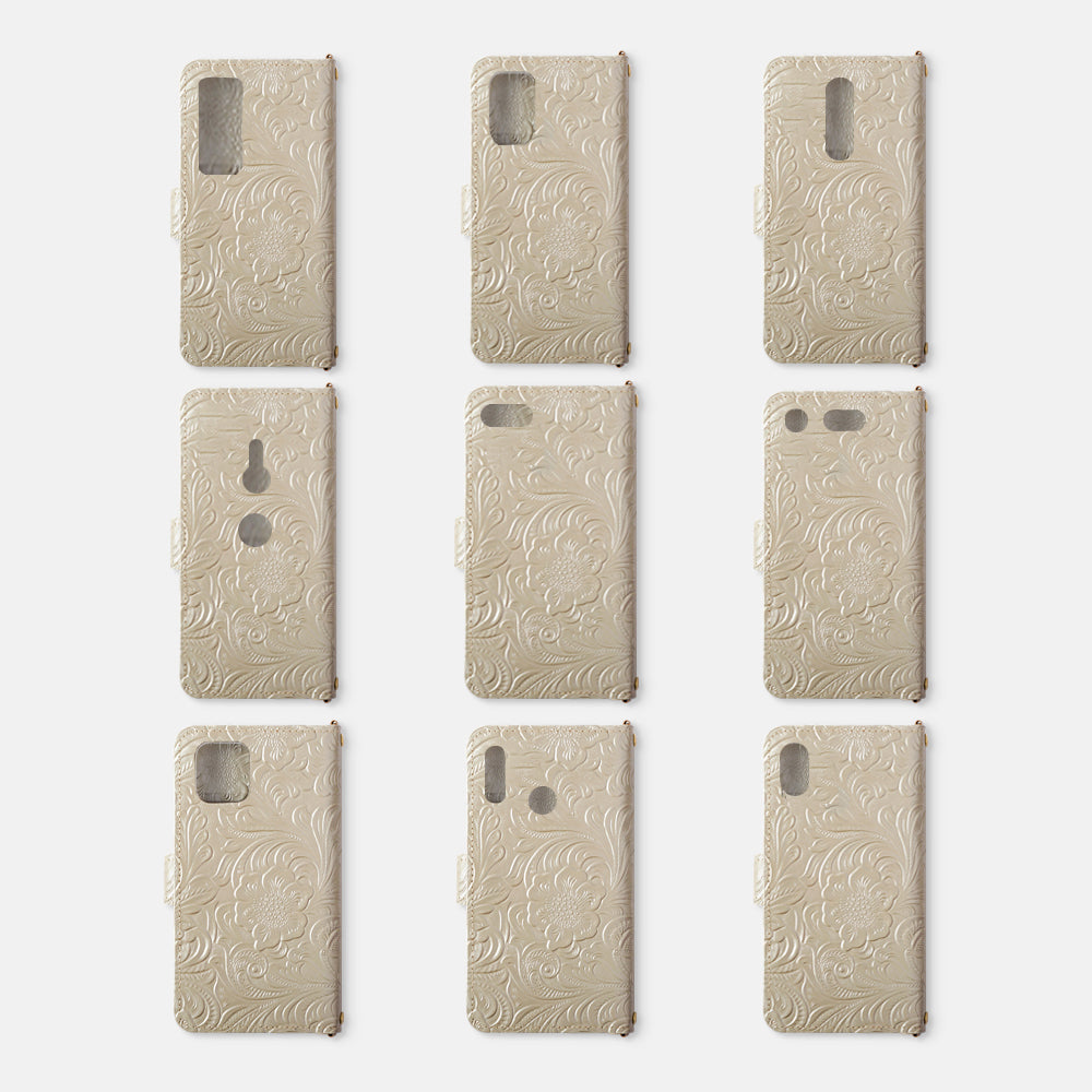 Étui portefeuille en cuir embossé véritable cuir motif fleur antique pour la série Galaxy (avec ceinture)