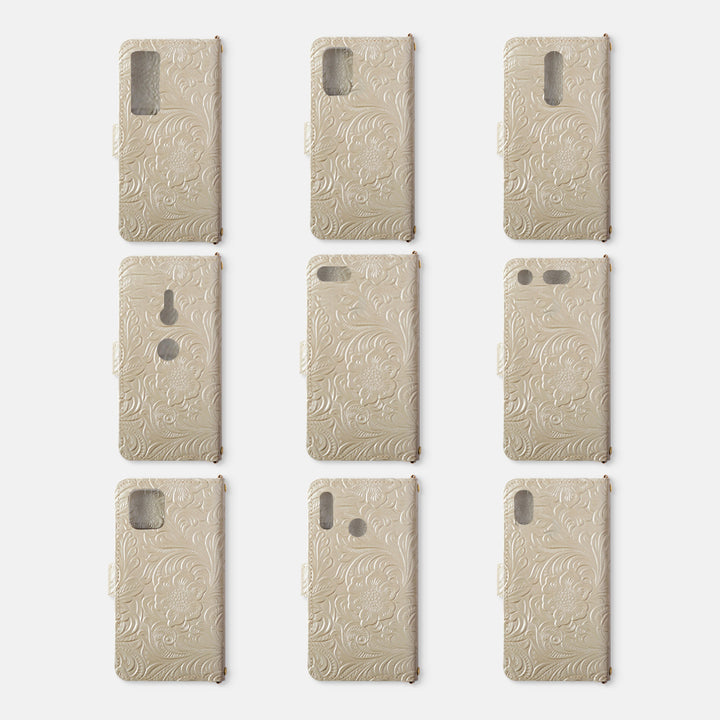 Embossed leather genuine leather antique flower notebook-style case AQUOS series (with belt)