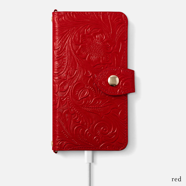 Embossed leather genuine leather antique flower notebook-style case AQUOS series (with belt)