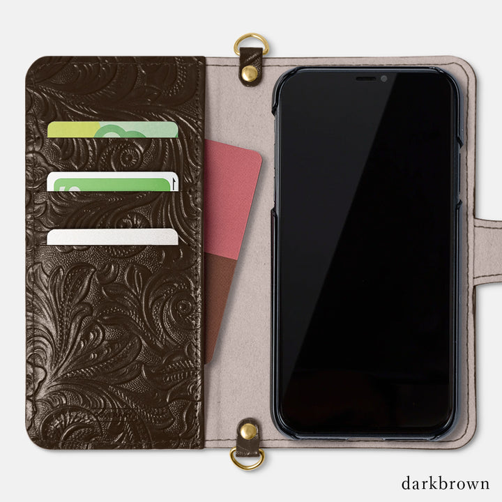 Embossed Leather Genuine Leather Antique Flower Notebook-style Case (with Belt)