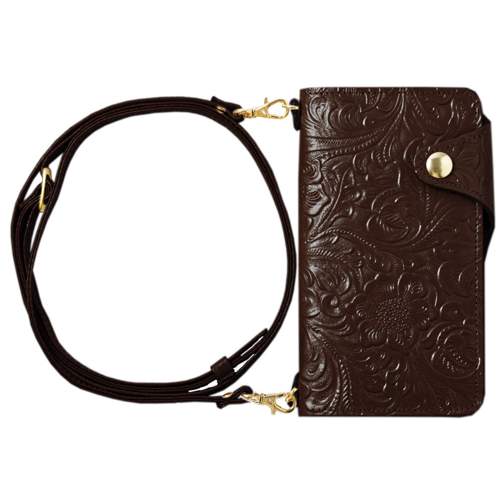 Embossed leather genuine leather floral pattern shoulder strap attached notebook-style case (with belt)