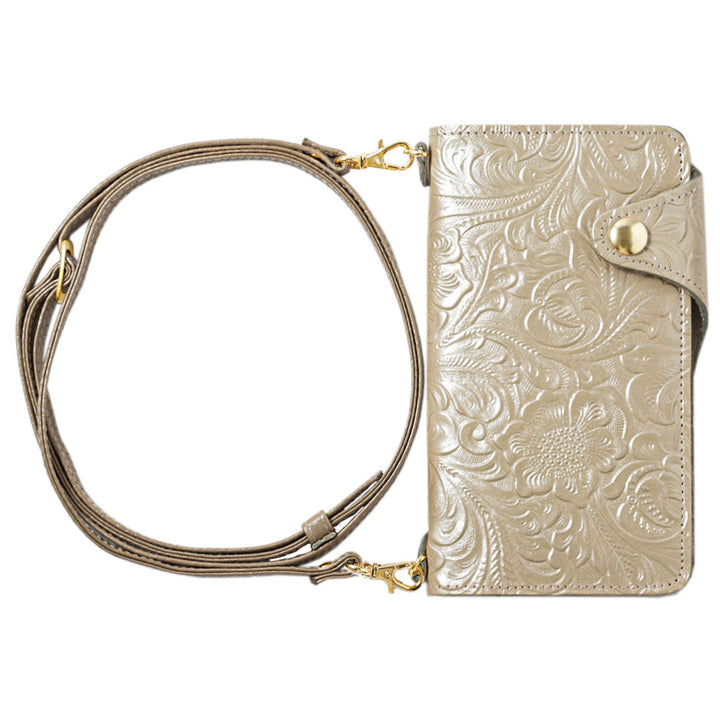 Embossed leather genuine leather floral pattern shoulder strap attached notebook-style case (with belt)