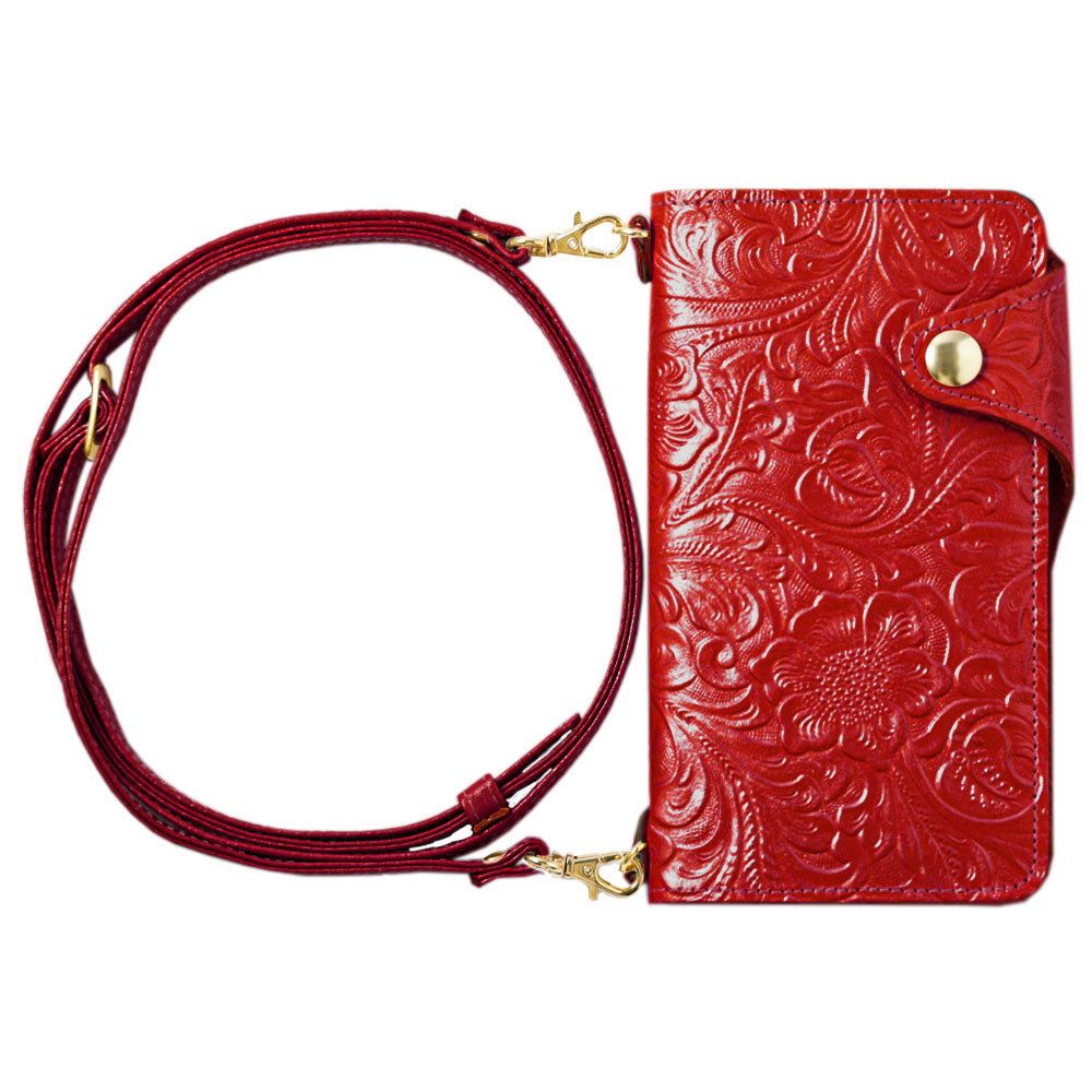 Embossed leather genuine leather floral pattern shoulder strap attached notebook-style case (with belt)