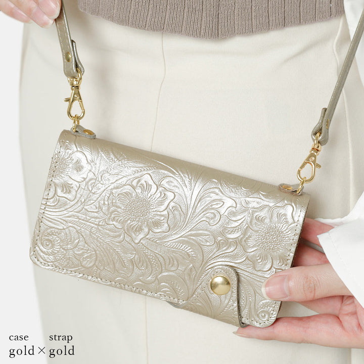 Embossed leather genuine leather floral pattern shoulder strap included notebook-style case (with belt) Xperia series