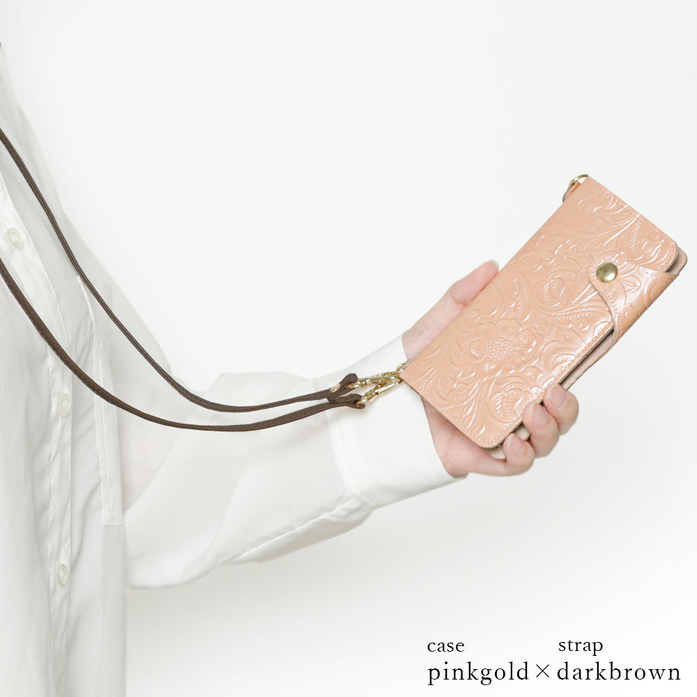 Embossed leather genuine leather floral pattern shoulder strap attached notebook-style case (with belt)