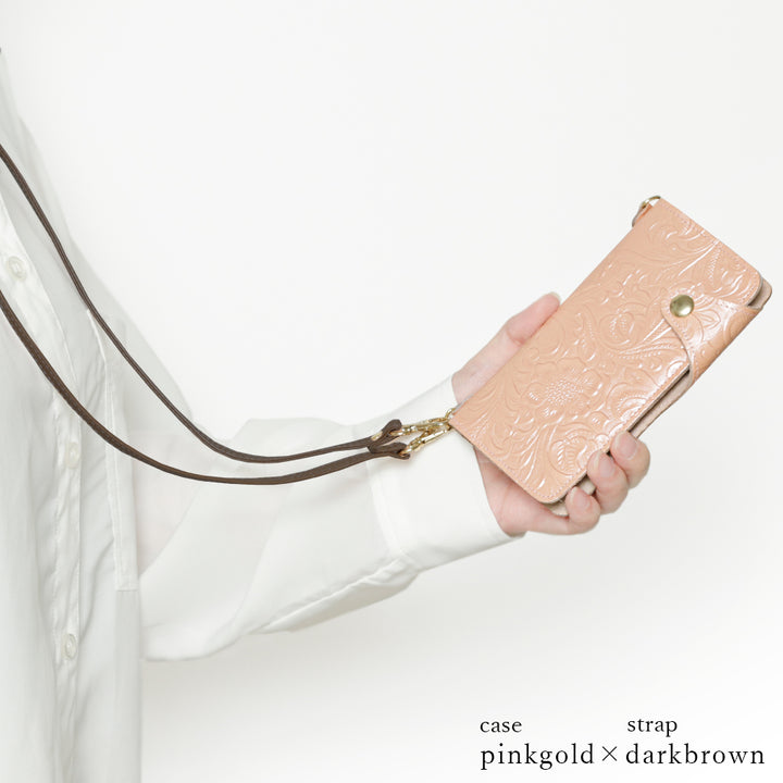 Embossed leather genuine leather floral pattern shoulder strap attached notebook-style case (with belt)