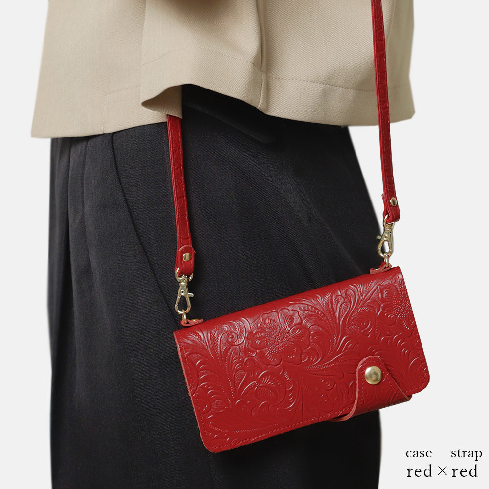 Embossed leather genuine leather floral pattern shoulder strap attached notebook-style case (with belt)