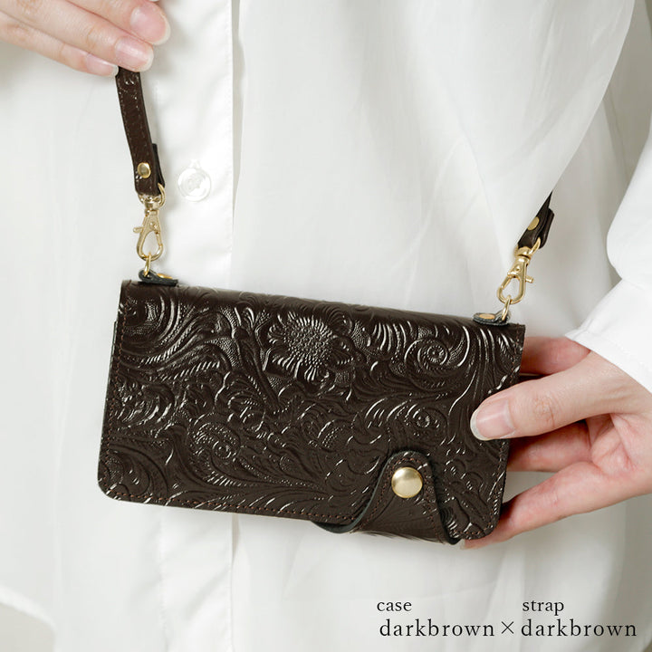 Embossed leather genuine leather floral pattern shoulder strap included notebook-style case (with belt) Xperia series