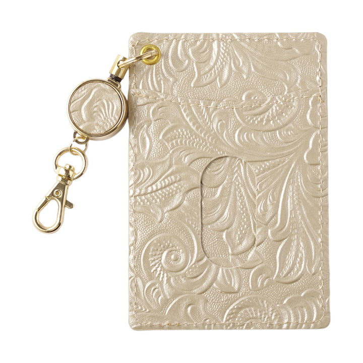 エンボスレザー 本革 花柄 リール付きパスケース