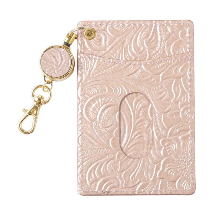 エンボスレザー 本革 花柄 リール付きパスケース