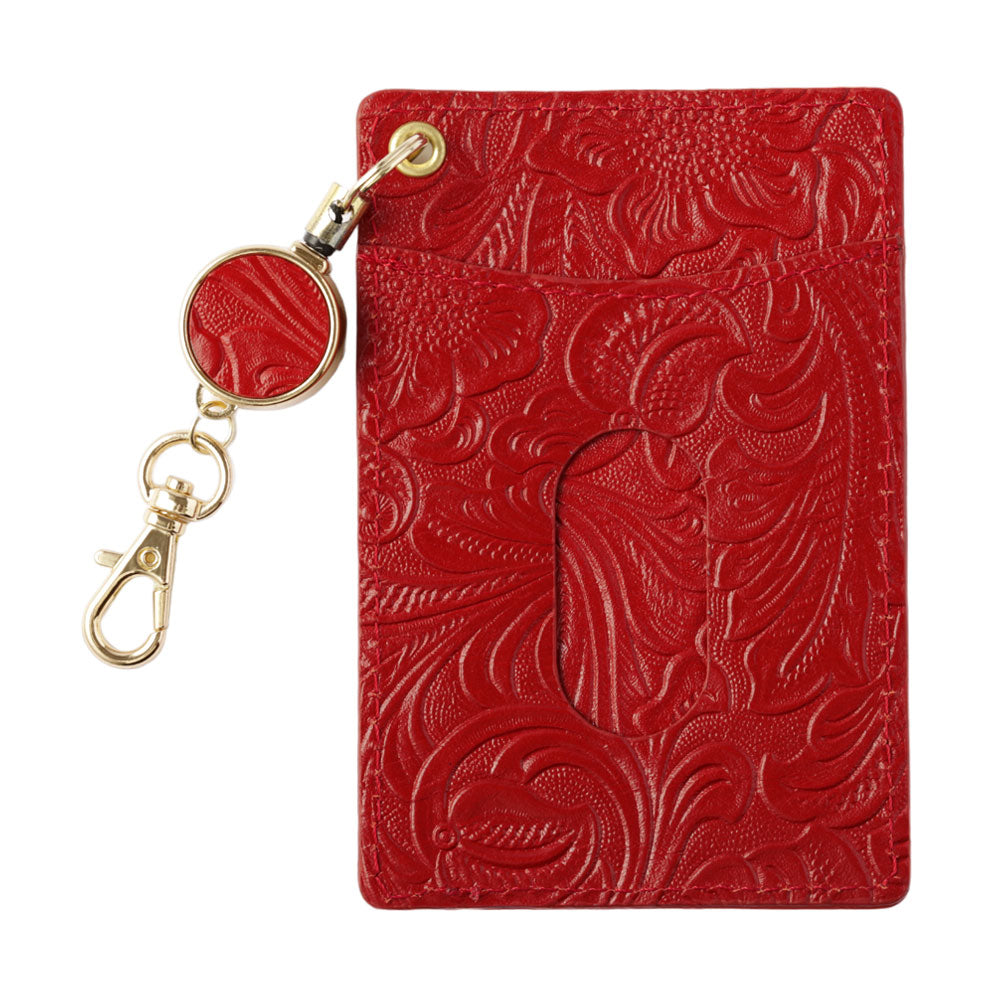 エンボスレザー 本革 花柄 リール付きパスケース