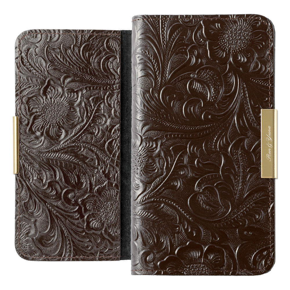 Embossed Leather Genuine Leather Floral Pattern Printed Name Gold Frame Deco Notebook Case AQUOS Series