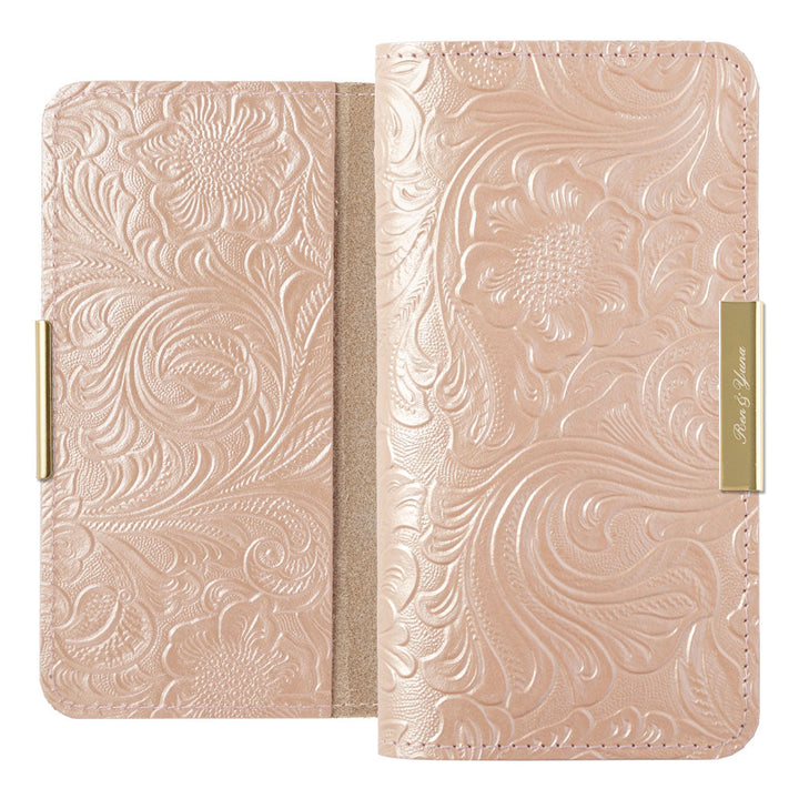 Étui portefeuille en cuir embossé véritable avec motif floral, nom imprimé, décoration cadre doré pour la série Galaxy