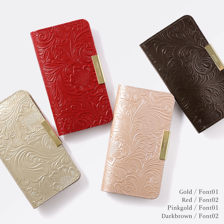 Embossed Leather Genuine Leather Floral Pattern Printed Name Gold Frame Deco Notebook Case AQUOS Series