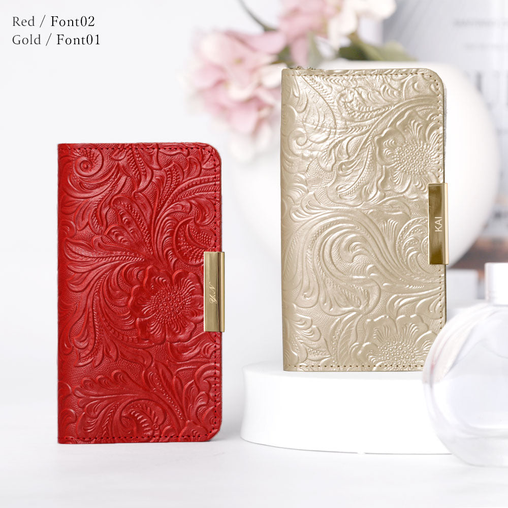 Embossed Leather Genuine Leather Floral Pattern Printed Name Gold Frame Deco Notebook Case AQUOS Series