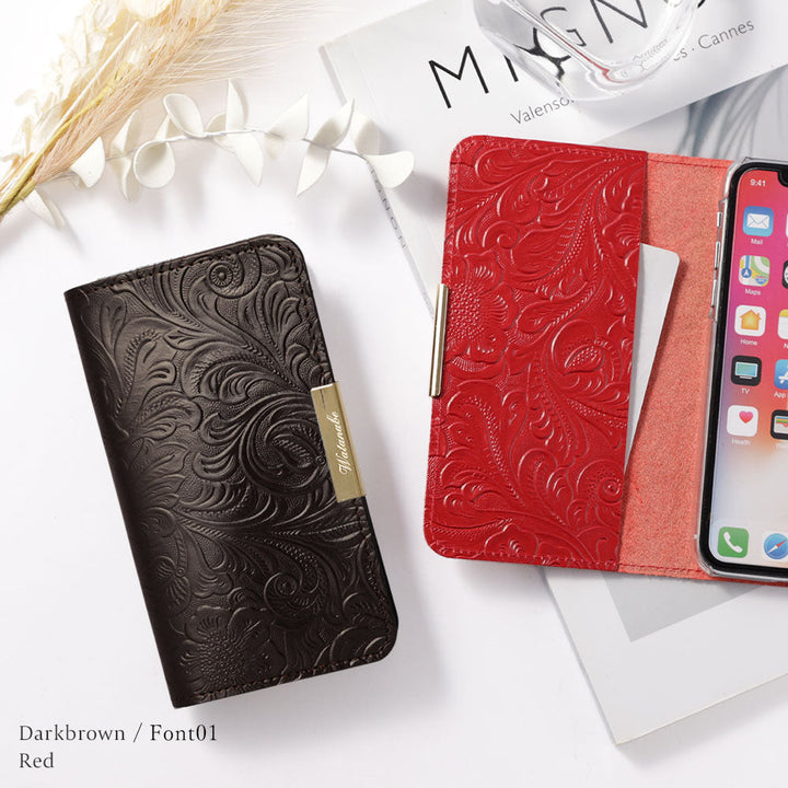 Étui portefeuille en cuir embossé véritable avec motif floral, nom imprimé, décoration cadre doré pour la série Galaxy