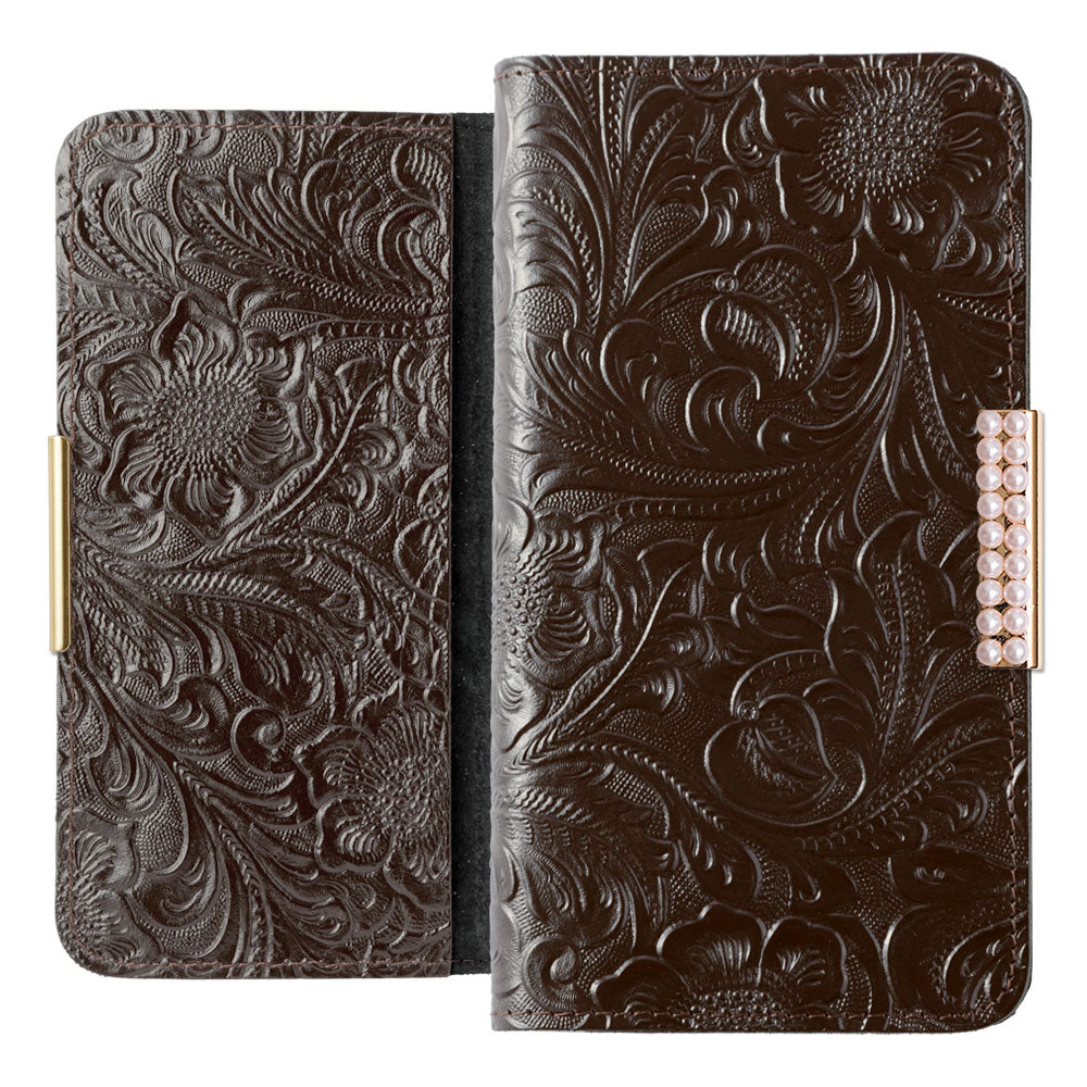 Embossed Leather Genuine Leather Floral Pattern Pearl Frame Deco Wallet Case iPhone Series