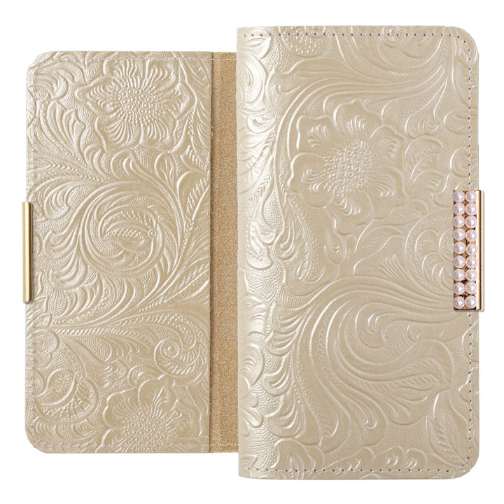 Embossed Leather Genuine Leather Floral Pattern Pearl Frame Deco Wallet Case iPhone Series