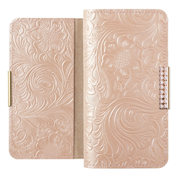 Embossed Leather Genuine Leather Floral Pattern Pearl Frame Deco Wallet Case iPhone Series