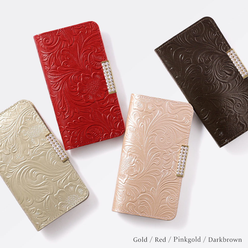 Embossed Leather Genuine Leather Floral Pattern Pearl Frame Deco Wallet Case iPhone Series