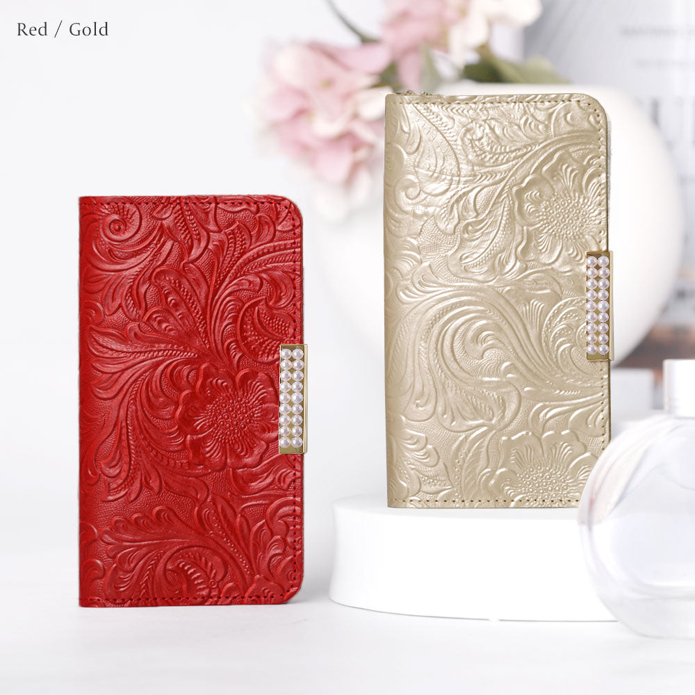 Embossed Leather Genuine Leather Floral Pattern Pearl Frame Deco Wallet Case Google Pixel Series