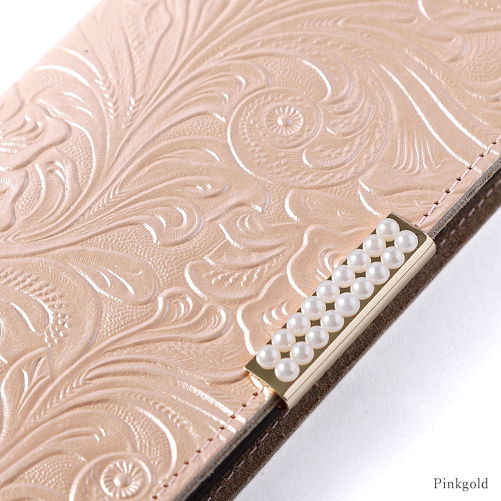 Embossed Leather Genuine Leather Floral Pattern Pearl Frame Deco Notebook Case AQUOS Series