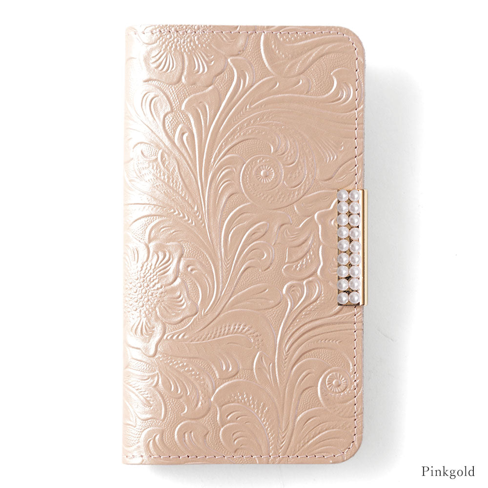 Embossed Leather Genuine Leather Floral Pattern Pearl Frame Deco Wallet Case iPhone Series