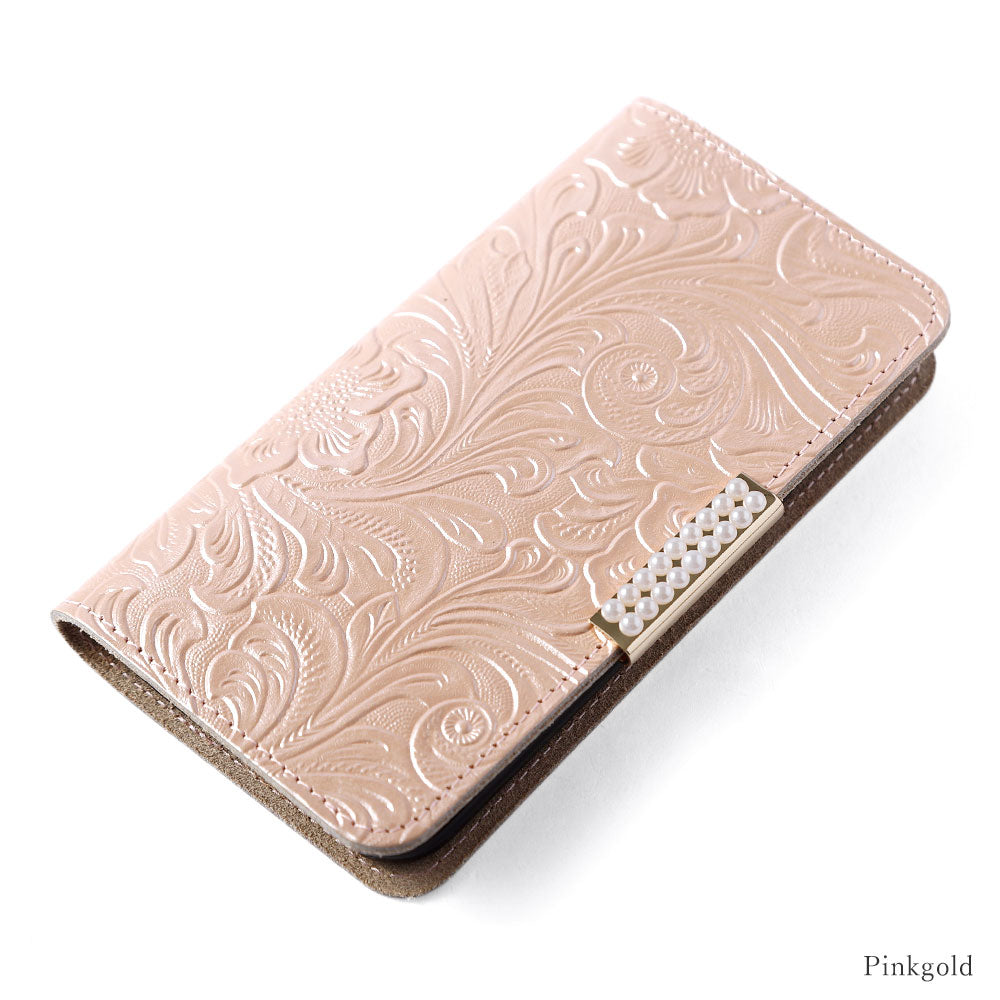 Embossed Leather Genuine Leather Floral Pattern Pearl Frame Deco Wallet Case iPhone Series