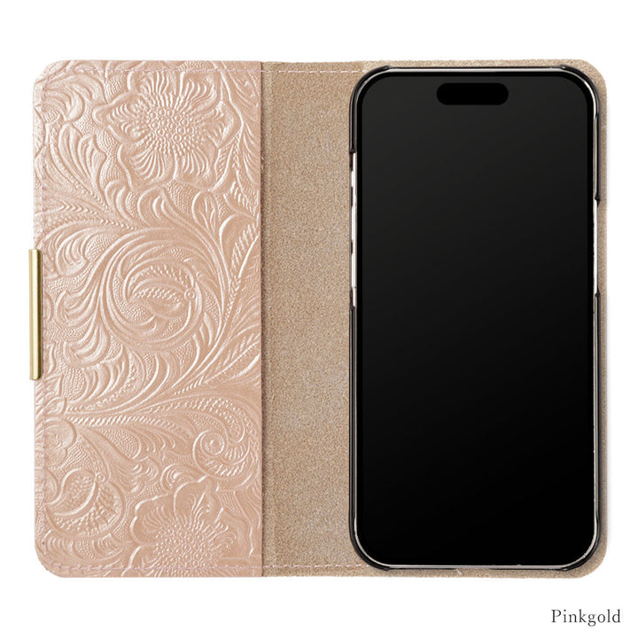 Embossed Leather Genuine Leather Floral Pattern Pearl Frame Deco Wallet Case iPhone Series