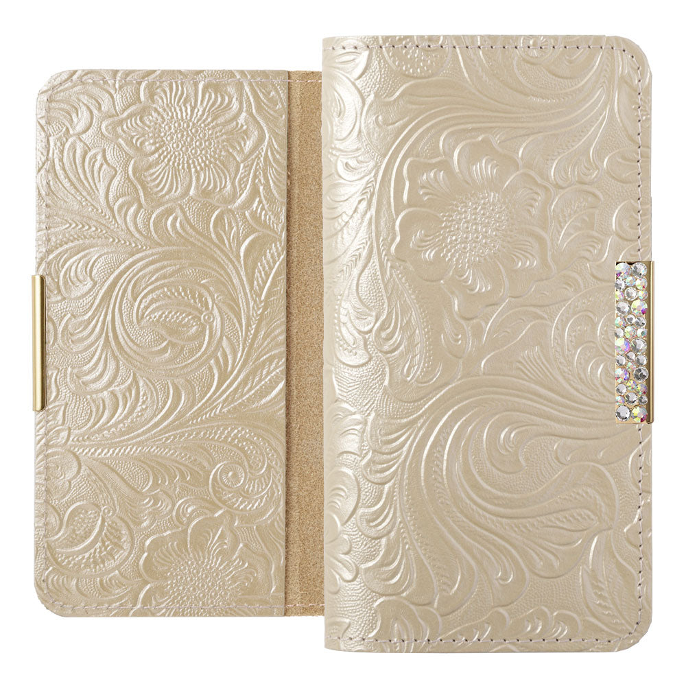 Embossed leather genuine leather floral pattern stone frame deco notebook-style case Xperia series