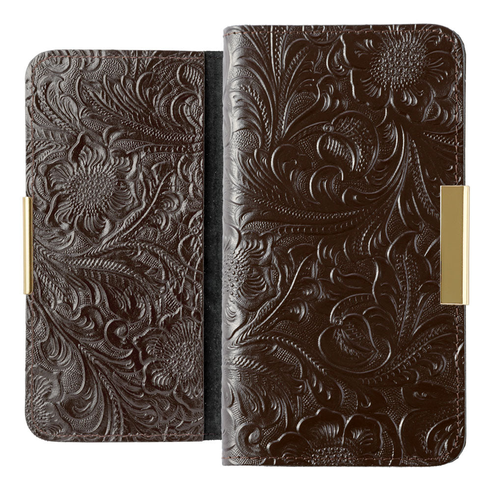 Embossed leather genuine leather floral pattern gold frame deco notebook-style case AQUOS series