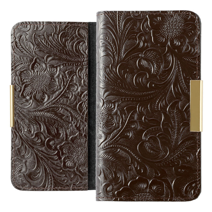 Embossed leather genuine leather floral pattern gold frame deco notebook-style case AQUOS series