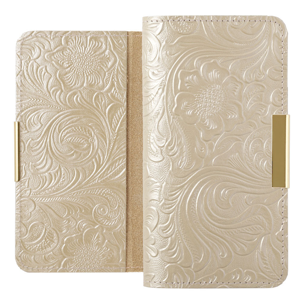 Embossed leather genuine leather floral pattern gold frame deco notebook-style case AQUOS series