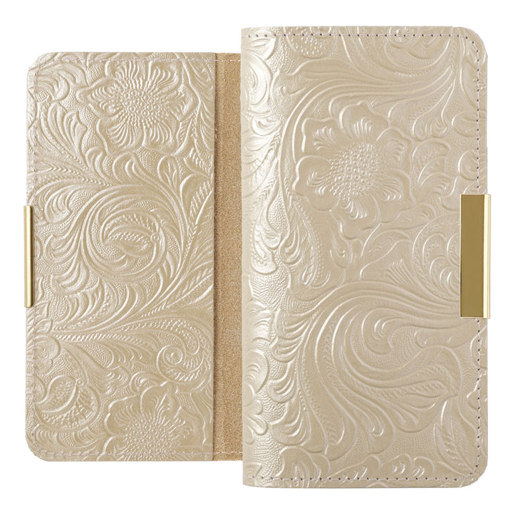 Embossed leather genuine leather floral pattern gold frame deco notebook-style case AQUOS series