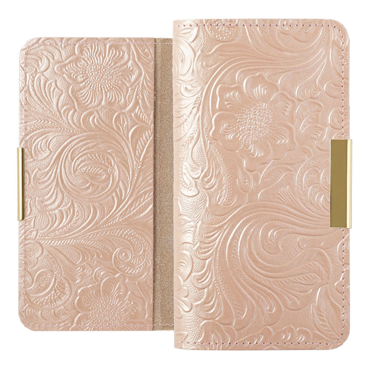 Embossed leather genuine leather floral pattern gold frame deco notebook-style case AQUOS series