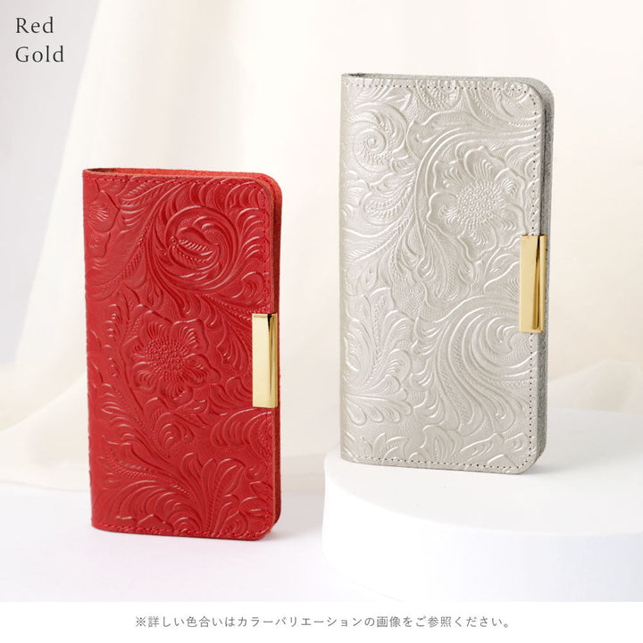Embossed leather genuine leather floral pattern gold frame deco notebook-style case AQUOS series