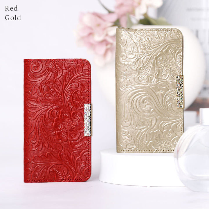 Embossed leather genuine leather floral pattern stone frame deco notebook-style case Galaxy series