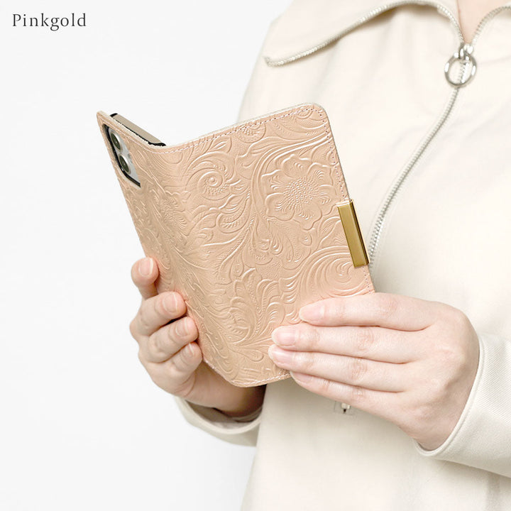 Embossed leather genuine leather floral pattern gold frame deco notebook-style case AQUOS series