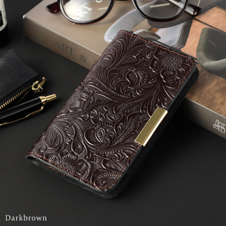 Embossed leather genuine leather floral pattern gold frame deco notebook-style case AQUOS series