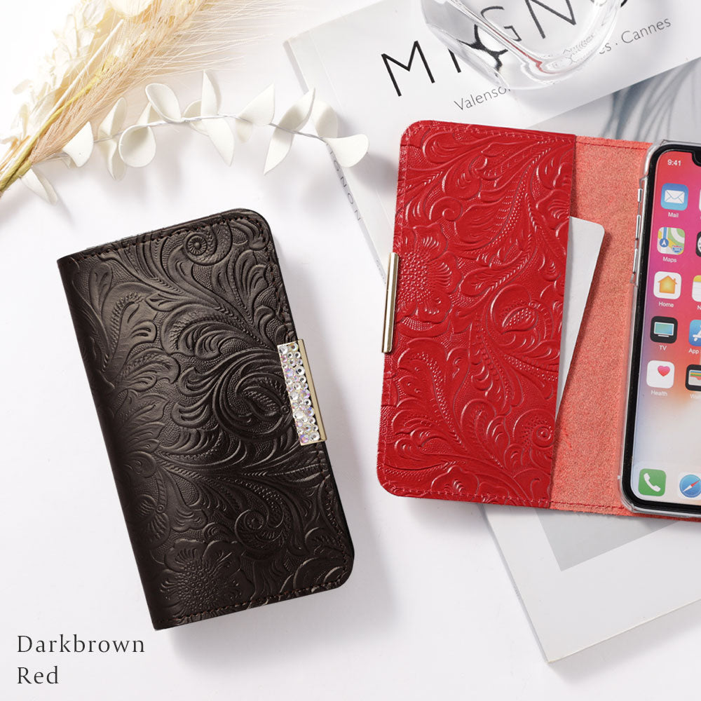 Embossed leather genuine leather floral pattern stone frame deco notebook-style case AQUOS series